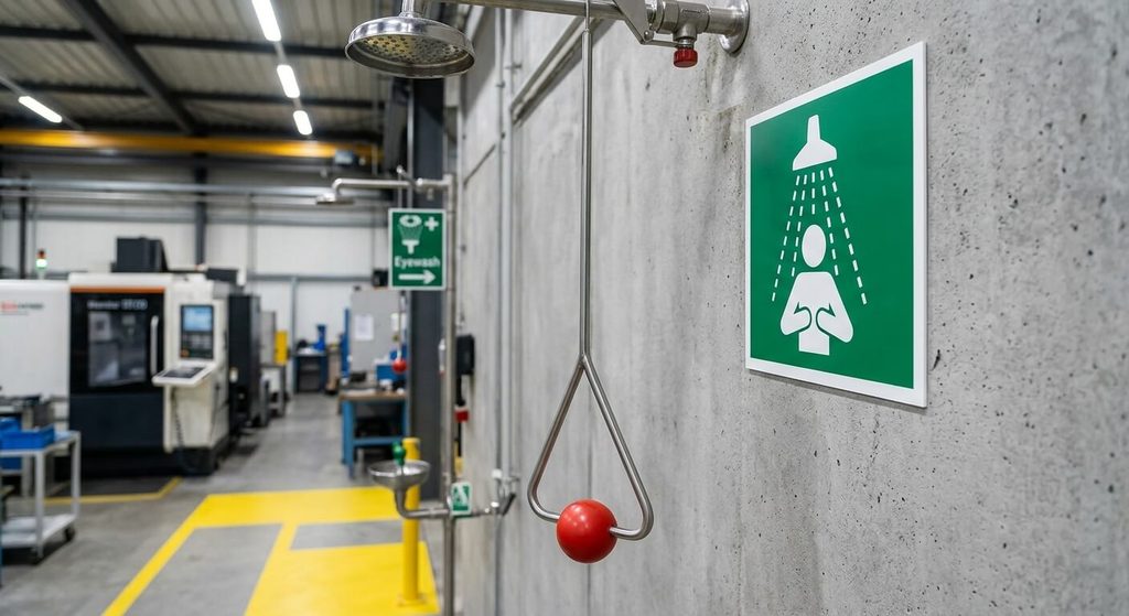 Panneau vert de premiers secours ISO 7010 surplombant la tringle d'actionnement d'une douche de sécurité.