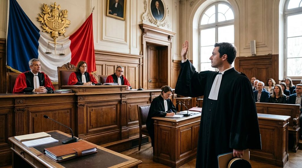Notaire prêtant serment en costume d'audience devant la chambre civile du tribunal judiciaire.