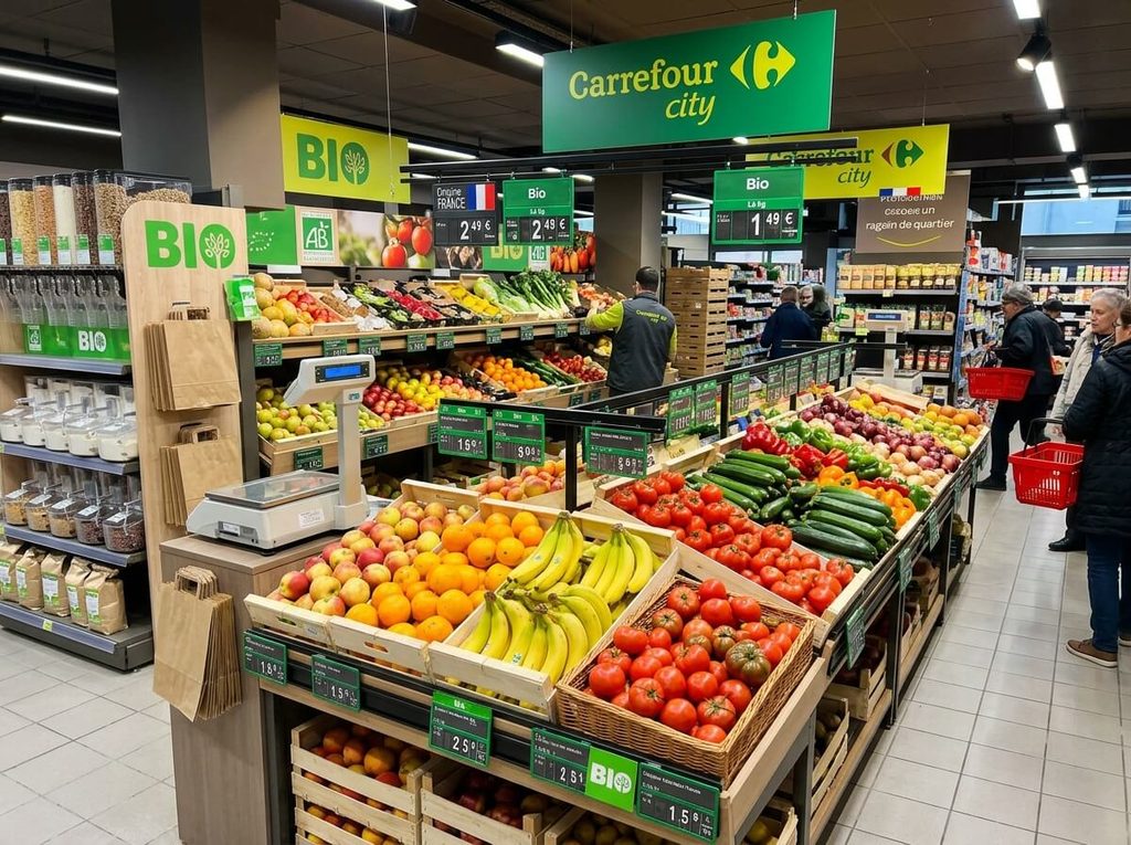 Rayon frais de fruits et légumes bien achalandé à l'intérieur d'un supermarché Carrefour City.
