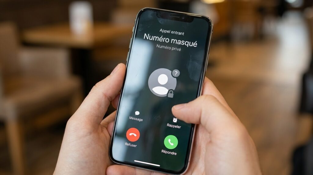 Écran de smartphone affichant un appel entrant en numéro privé ou masqué.