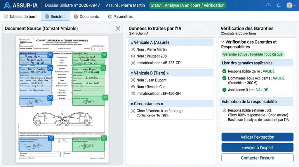 IA générative dans la banque et l’assurance : cas d’usage et conditions de réussite 3 Interface logicielle d'assurance utilisant l'intelligence artificielle pour extraire les données d'un constat d'accident et vérifier les garanties.