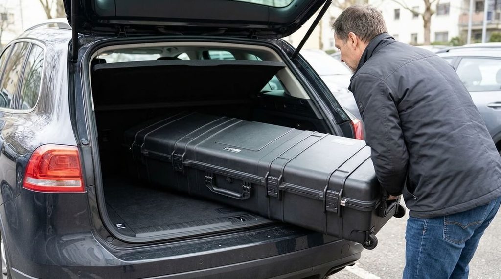 Du coffre de voiture au salon : la mobilité du stand parapluie 3 Chargement d'une valise de transport rigide à roulettes contenant un stand parapluie dans le coffre d'une voiture.